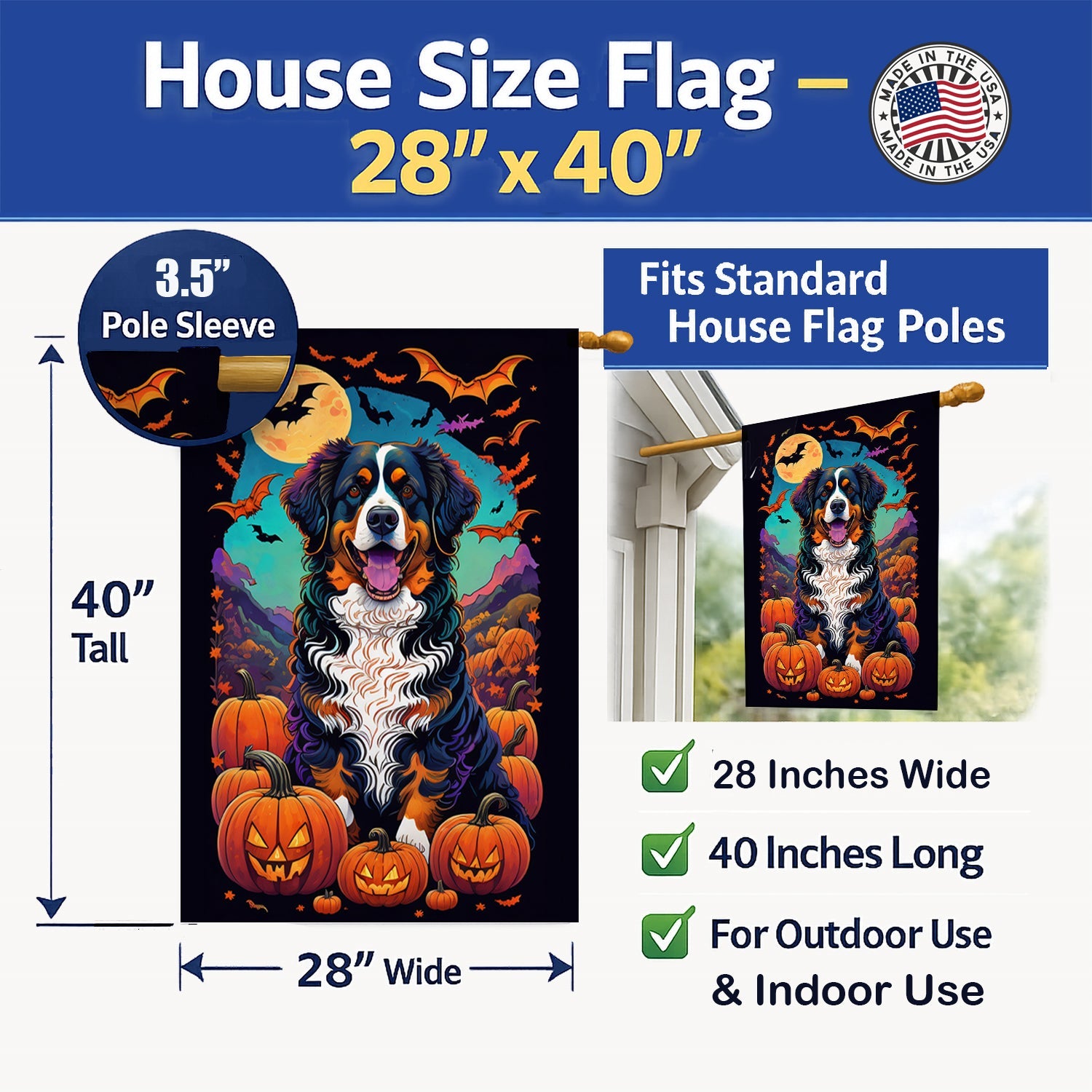 Bernese Mountain Dog Witchy Halloween House Flag 28x40 Porch Sleeve Pole Decorative Outside Yard Banner Artwork Wall Hanging, Polyester