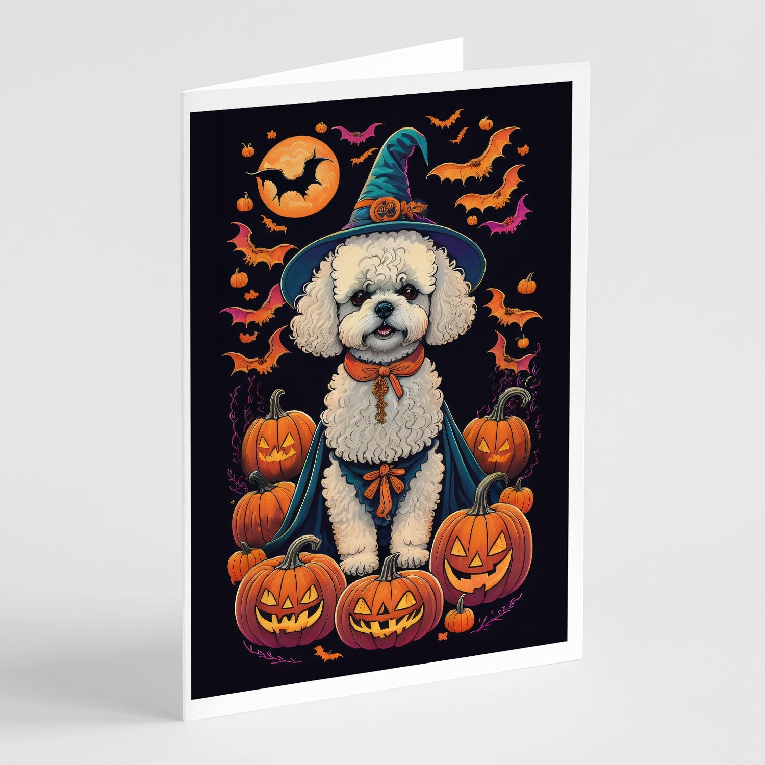 Bichon Frise Witchy Halloween Greeting Cards Pack of 8 Blank Cards with Envelopes Whimsical A7 Size 5x7