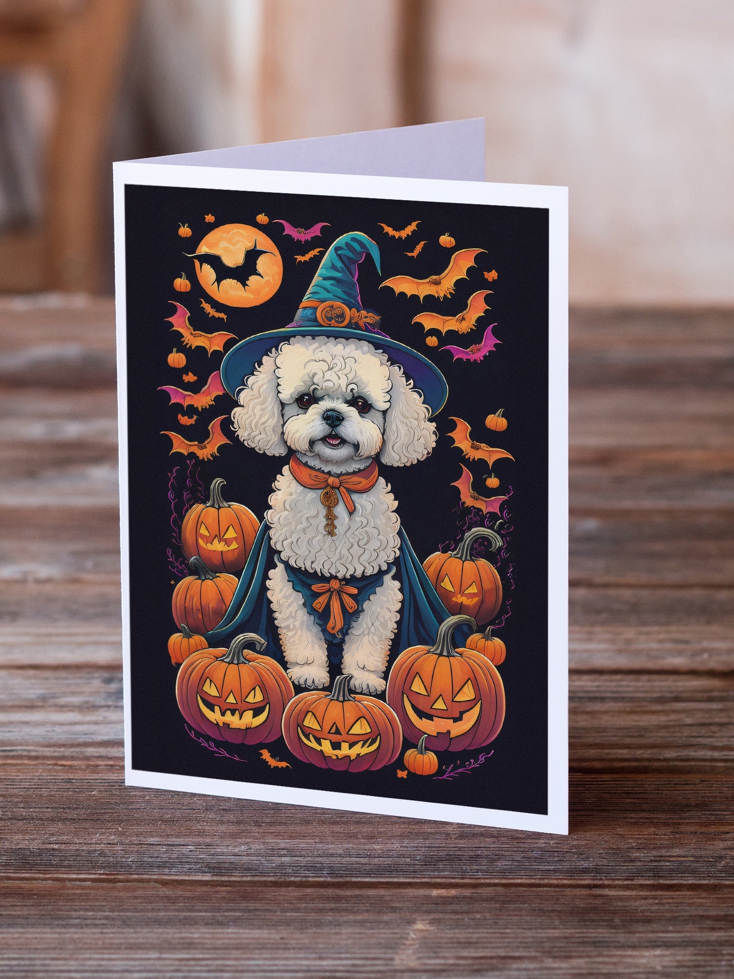 Bichon Frise Witchy Halloween Greeting Cards Pack of 8 Blank Cards with Envelopes Whimsical A7 Size 5x7
