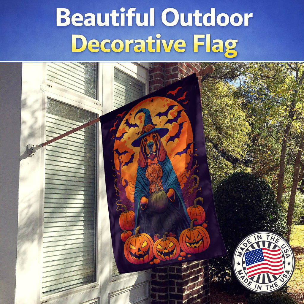 Bloodhound Witchy Halloween House Flag 28x40 Porch Sleeve Pole Decorative Outside Yard Banner Artwork Wall Hanging, Polyester