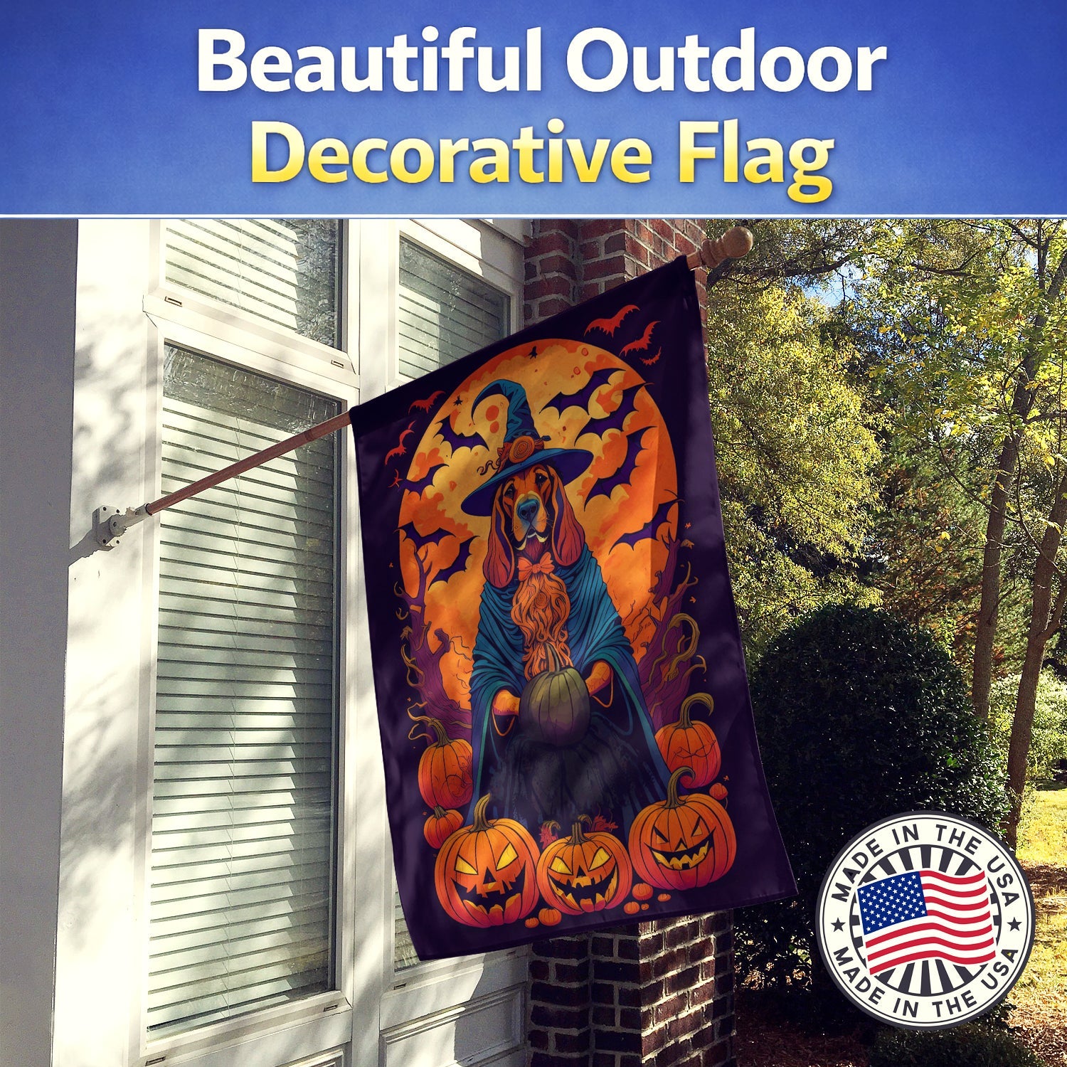 Bloodhound Witchy Halloween House Flag 28x40 Porch Sleeve Pole Decorative Outside Yard Banner Artwork Wall Hanging, Polyester