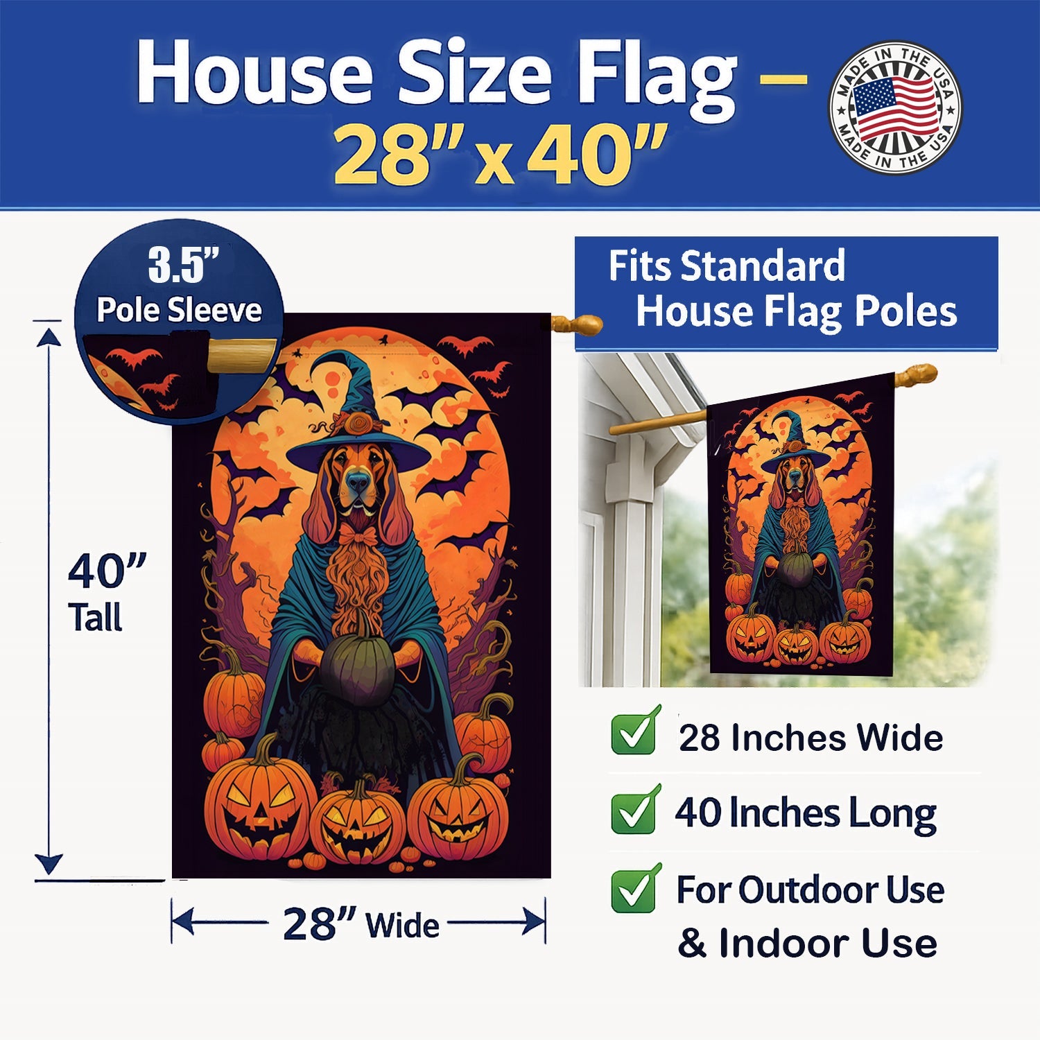 Bloodhound Witchy Halloween House Flag 28x40 Porch Sleeve Pole Decorative Outside Yard Banner Artwork Wall Hanging, Polyester