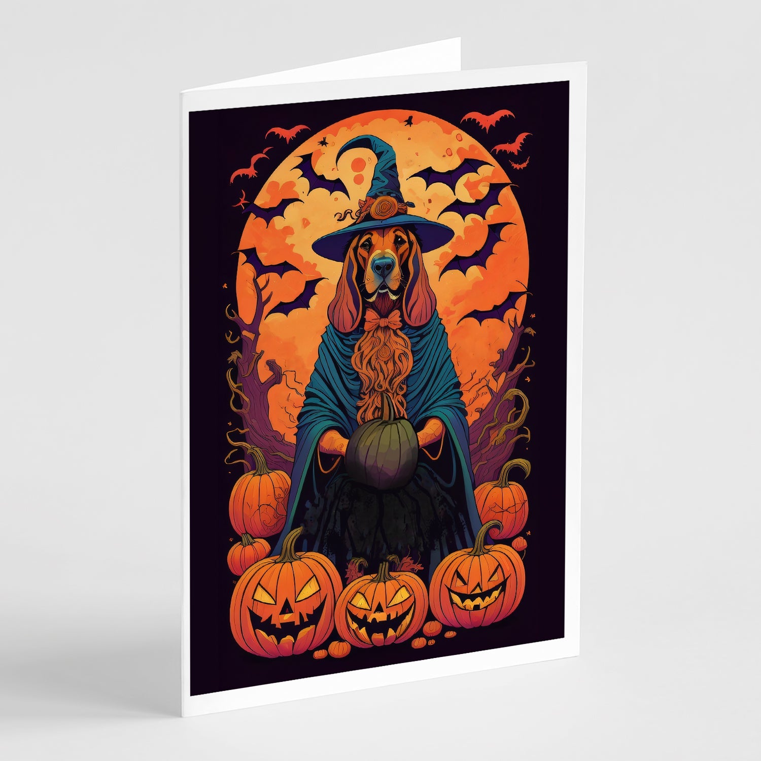 Bloodhound Witchy Halloween Greeting Cards Pack of 8 Blank Cards with Envelopes Whimsical A7 Size 5x7