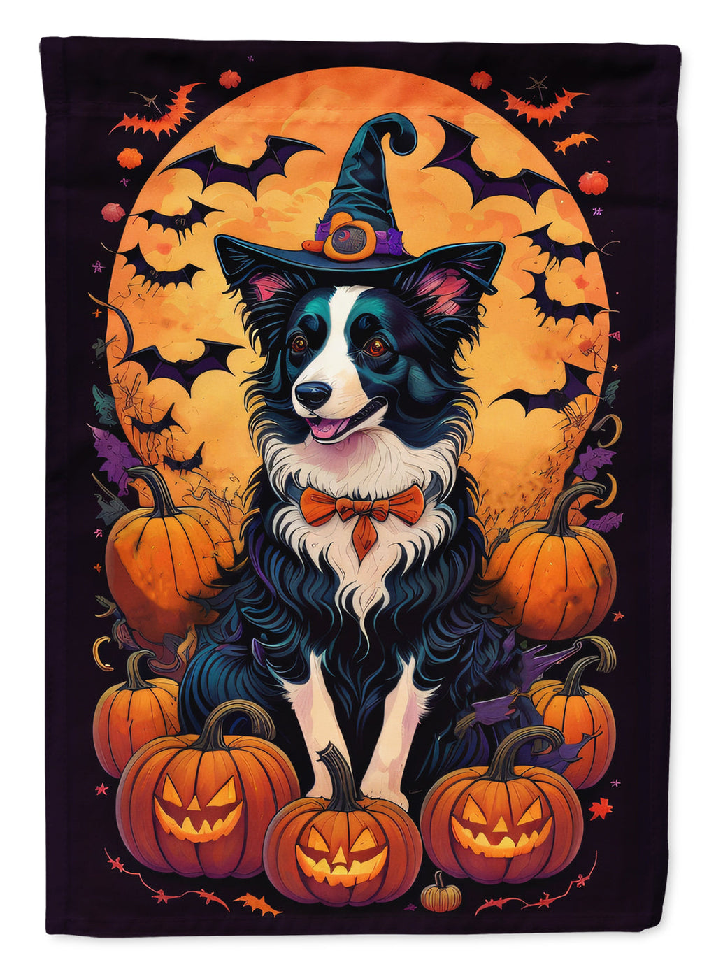 Border Collie Witchy Halloween House Flag 28x40 Porch Sleeve Pole Decorative Outside Yard Banner Artwork Wall Hanging, Polyester