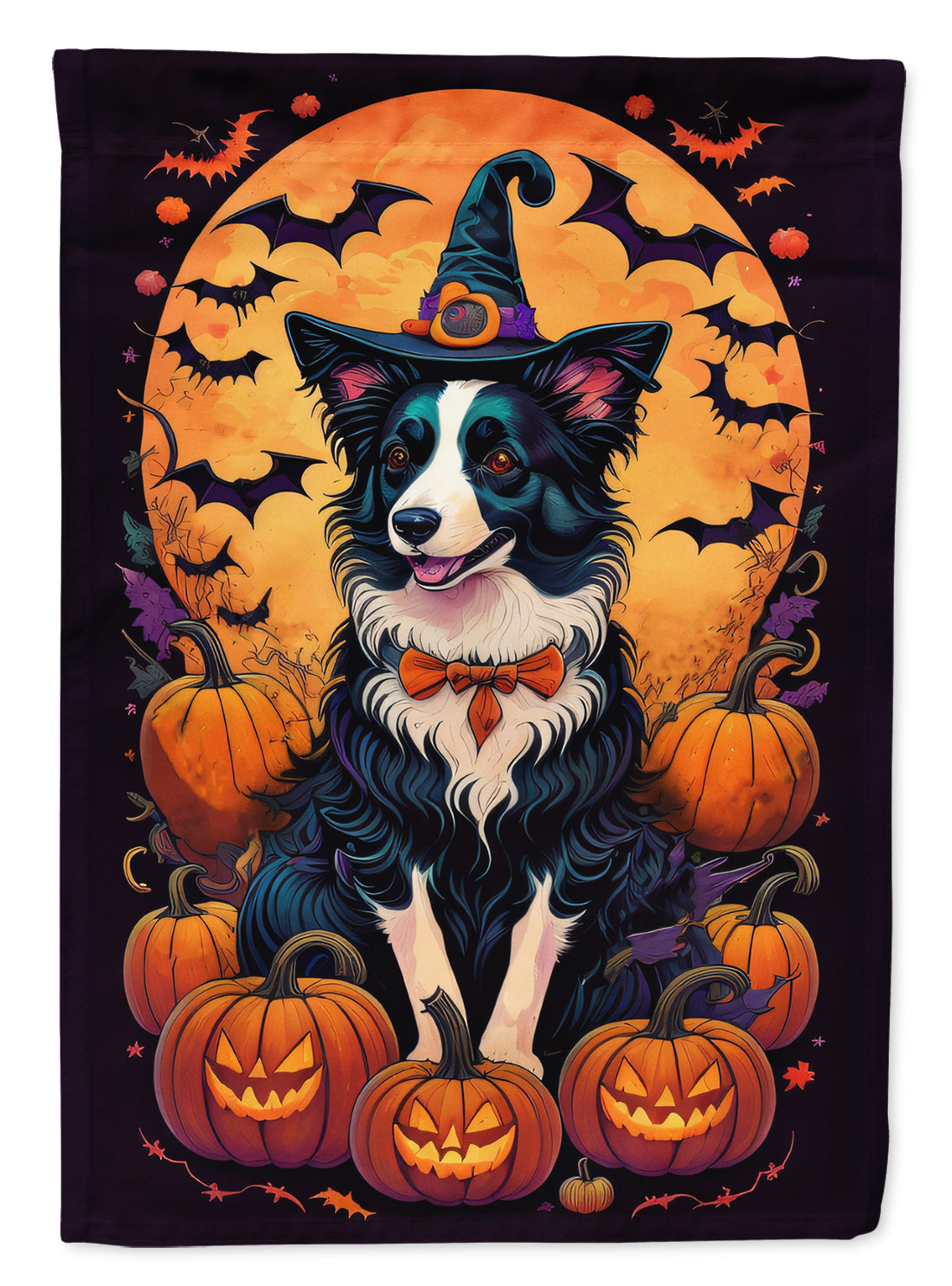 Border Collie Witchy Halloween House Flag 28x40 Porch Sleeve Pole Decorative Outside Yard Banner Artwork Wall Hanging, Polyester