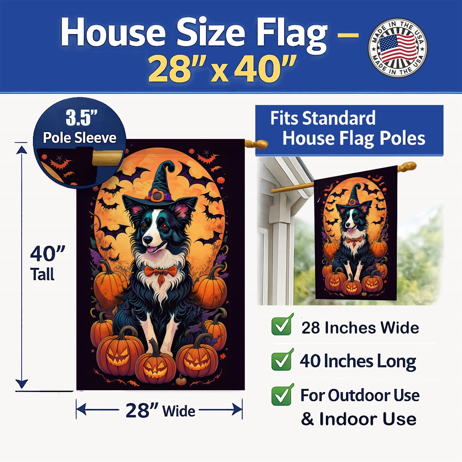 Border Collie Witchy Halloween House Flag 28x40 Porch Sleeve Pole Decorative Outside Yard Banner Artwork Wall Hanging, Polyester
