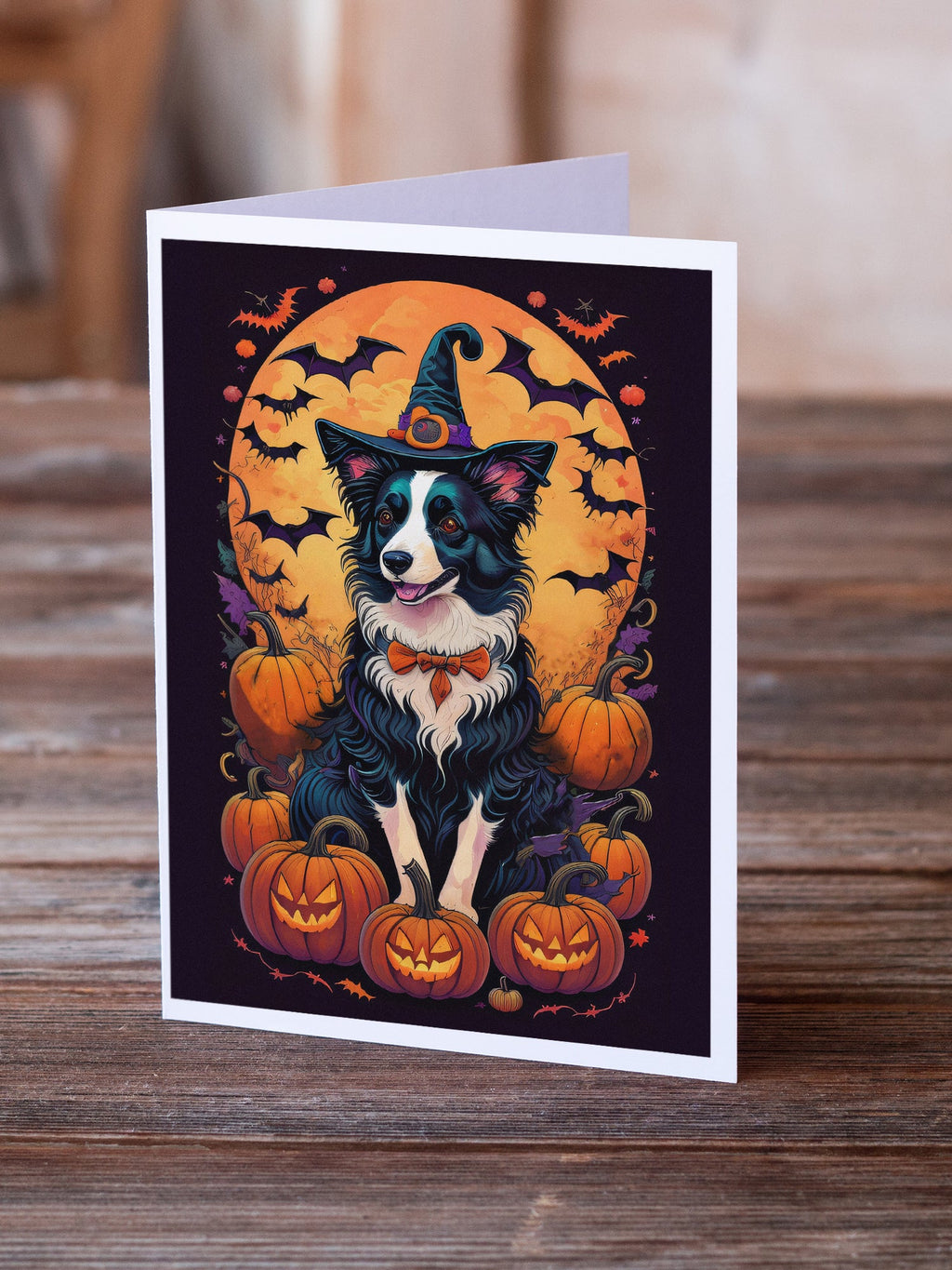Border Collie Witchy Halloween Greeting Cards Pack of 8 Blank Cards with Envelopes Whimsical A7 Size 5x7