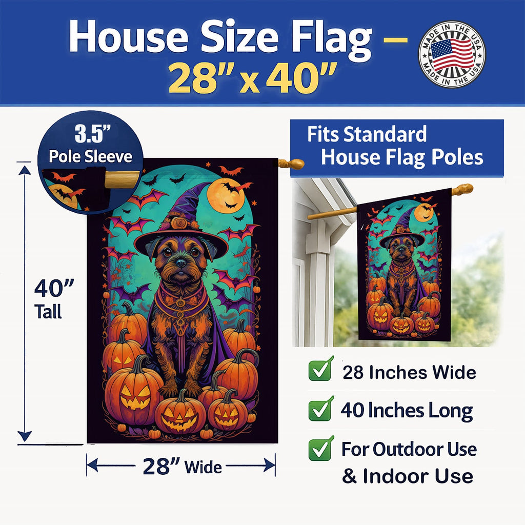 Border Terrier Witchy Halloween House Flag 28x40 Porch Sleeve Pole Decorative Outside Yard Banner Artwork Wall Hanging, Polyester