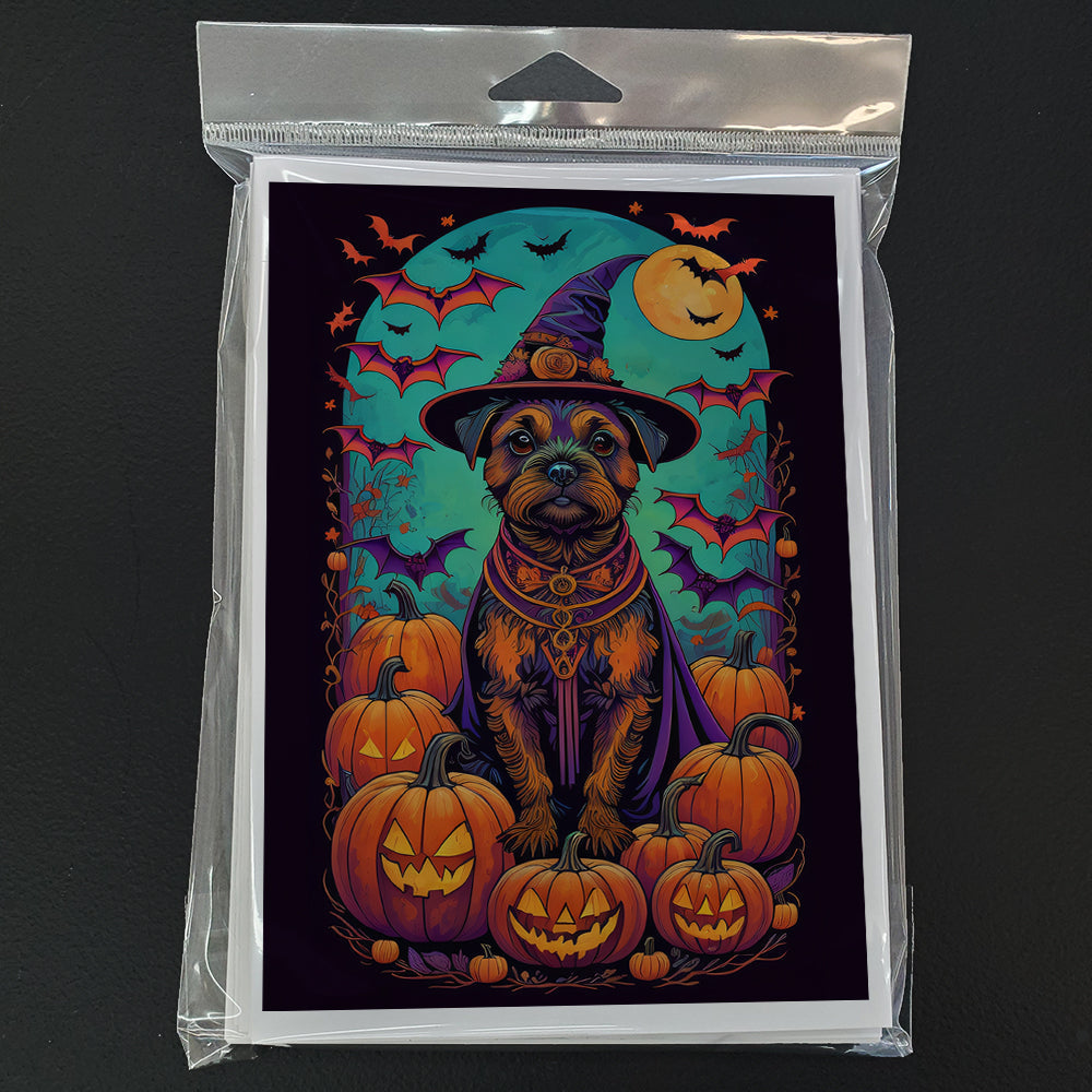 Border Terrier Witchy Halloween Greeting Cards Pack of 8 Blank Cards with Envelopes Whimsical A7 Size 5x7