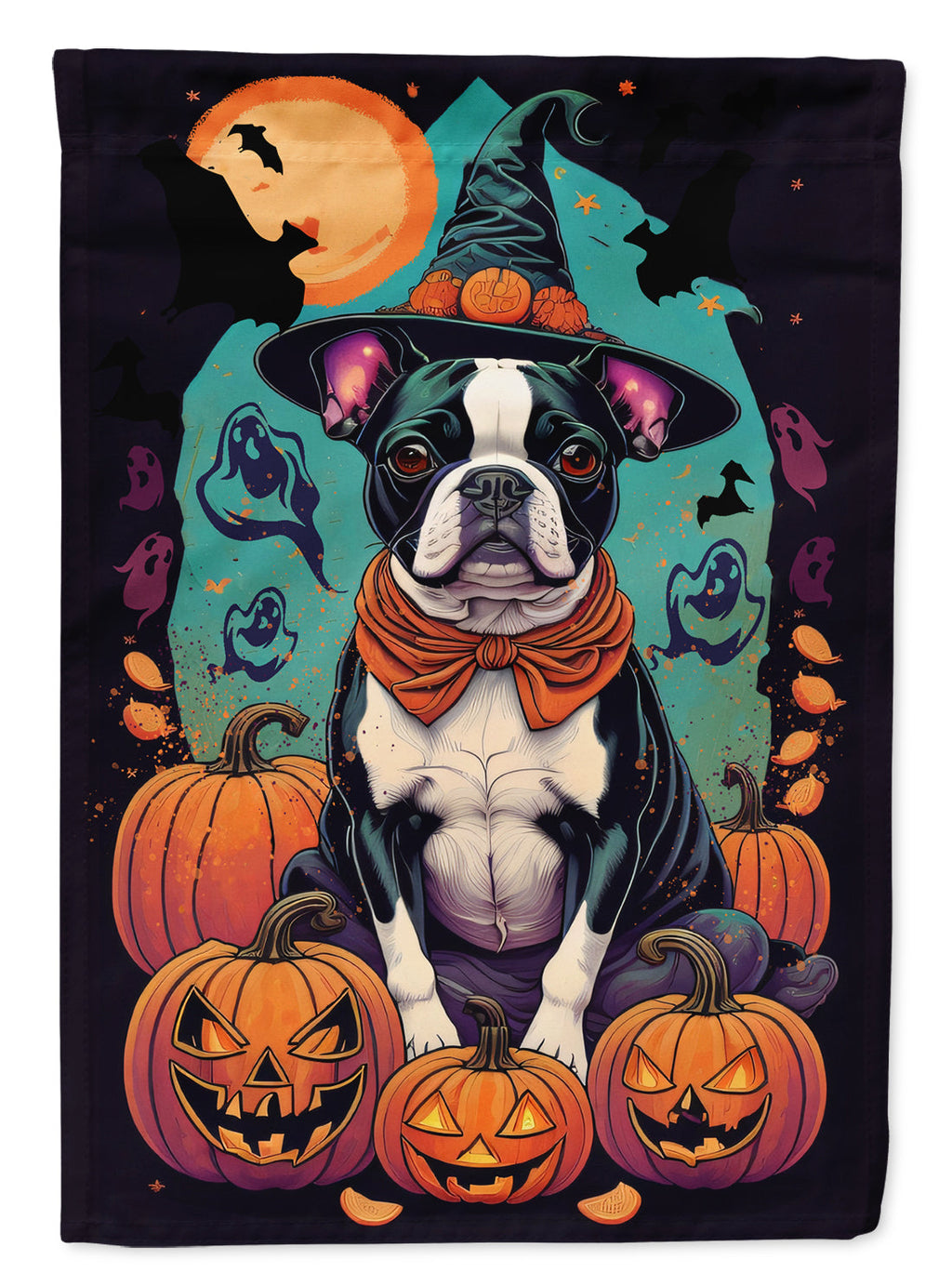 Boston Terrier Witchy Halloween House Flag 28x40 Porch Sleeve Pole Decorative Outside Yard Banner Artwork Wall Hanging, Polyester