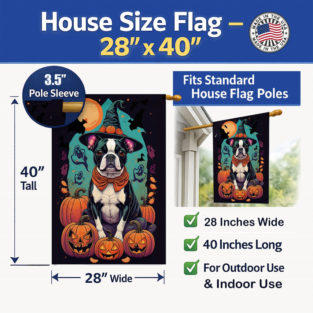 Boston Terrier Witchy Halloween House Flag 28x40 Porch Sleeve Pole Decorative Outside Yard Banner Artwork Wall Hanging, Polyester
