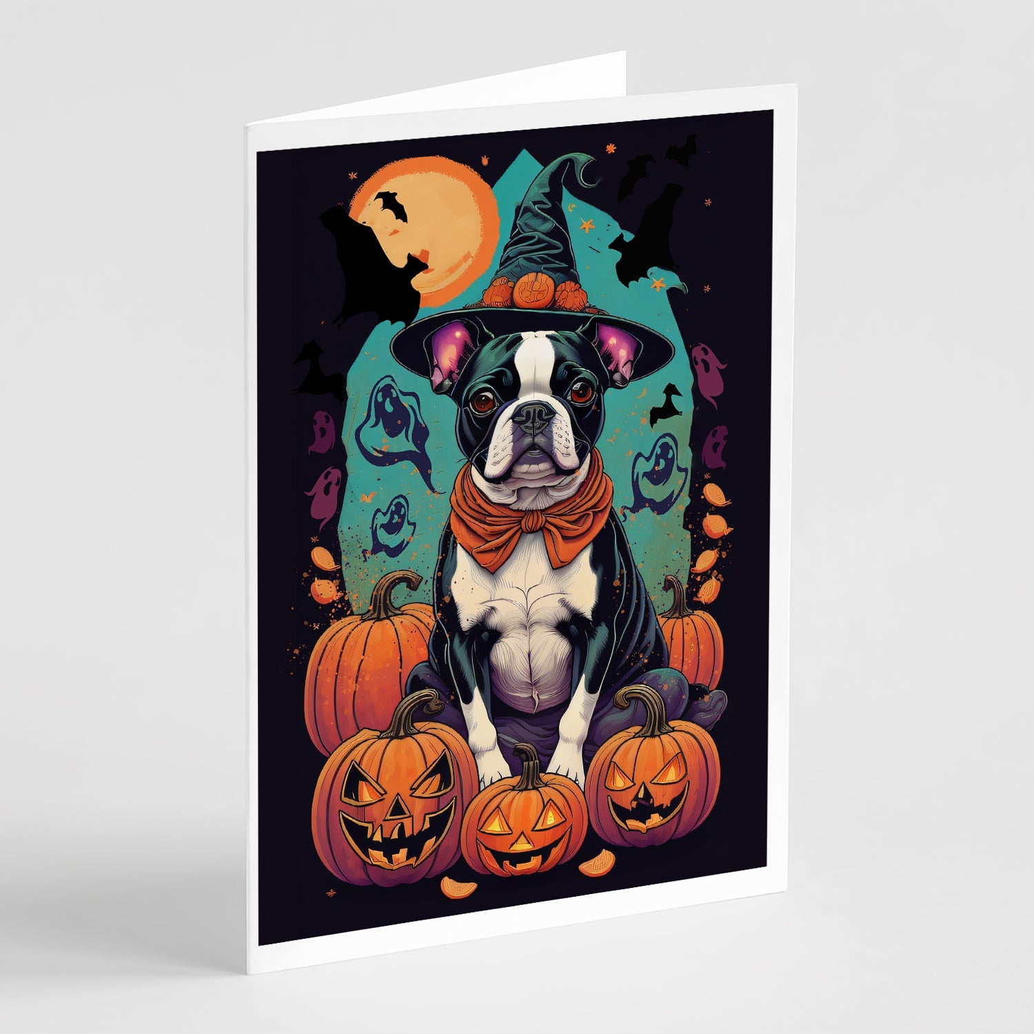 Boston Terrier Witchy Halloween Greeting Cards Pack of 8 Blank Cards with Envelopes Whimsical A7 Size 5x7