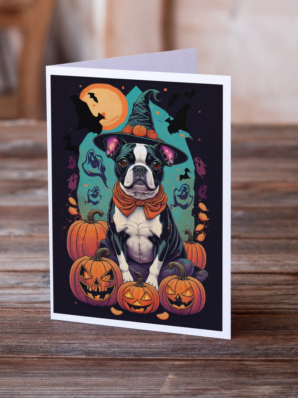 Boston Terrier Witchy Halloween Greeting Cards Pack of 8 Blank Cards with Envelopes Whimsical A7 Size 5x7
