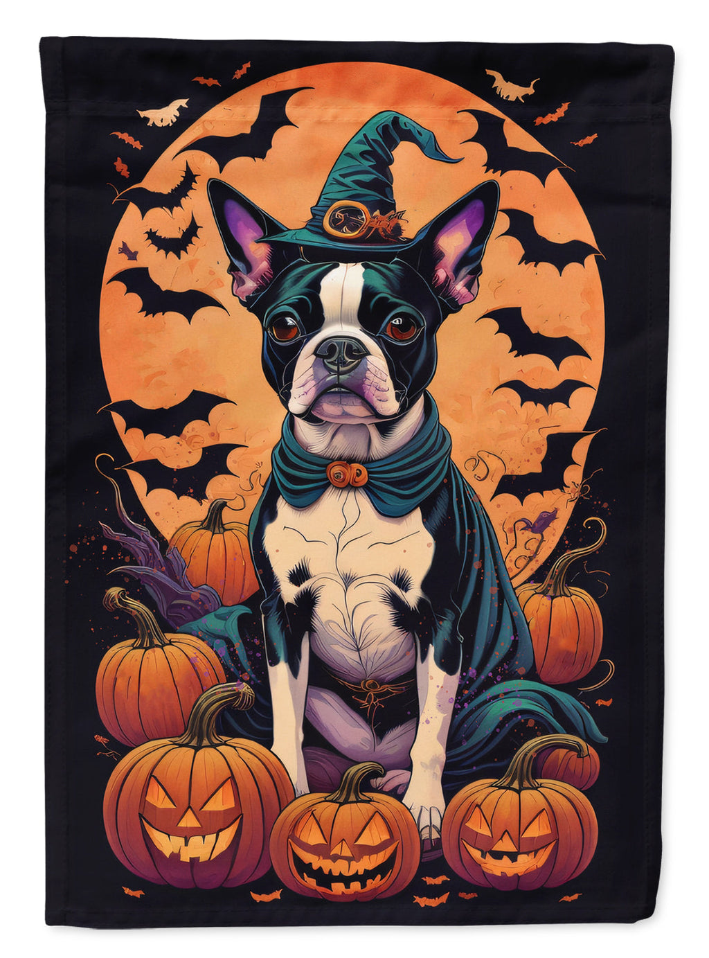 Boston Terrier Witchy Halloween House Flag 28x40 Porch Sleeve Pole Decorative Outside Yard Banner Artwork Wall Hanging, Polyester