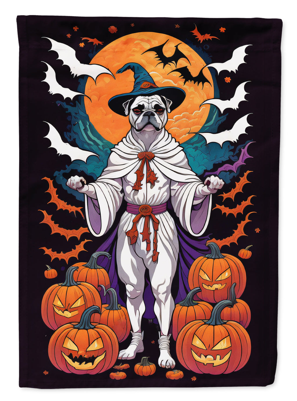 White Boxer Witchy Halloween House Flag 28x40 Porch Sleeve Pole Decorative Outside Yard Banner Artwork Wall Hanging, Polyester