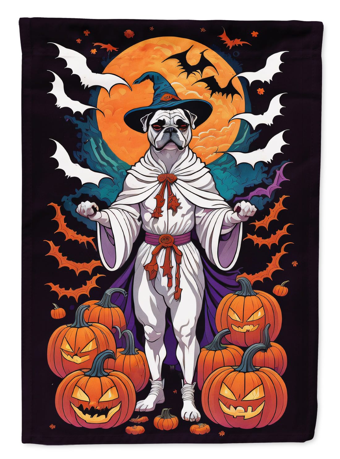 White Boxer Witchy Halloween House Flag 28x40 Porch Sleeve Pole Decorative Outside Yard Banner Artwork Wall Hanging, Polyester