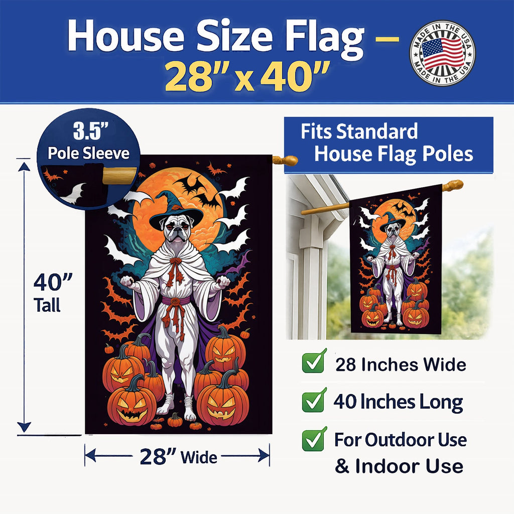 White Boxer Witchy Halloween House Flag 28x40 Porch Sleeve Pole Decorative Outside Yard Banner Artwork Wall Hanging, Polyester
