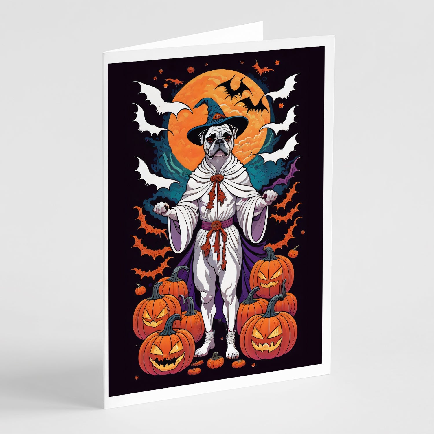 White Boxer Witchy Halloween Greeting Cards Pack of 8 Blank Cards with Envelopes Whimsical A7 Size 5x7