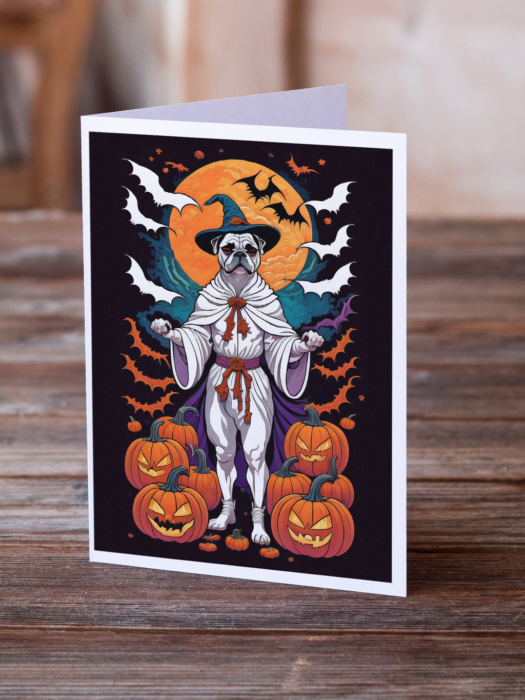 White Boxer Witchy Halloween Greeting Cards Pack of 8 Blank Cards with Envelopes Whimsical A7 Size 5x7