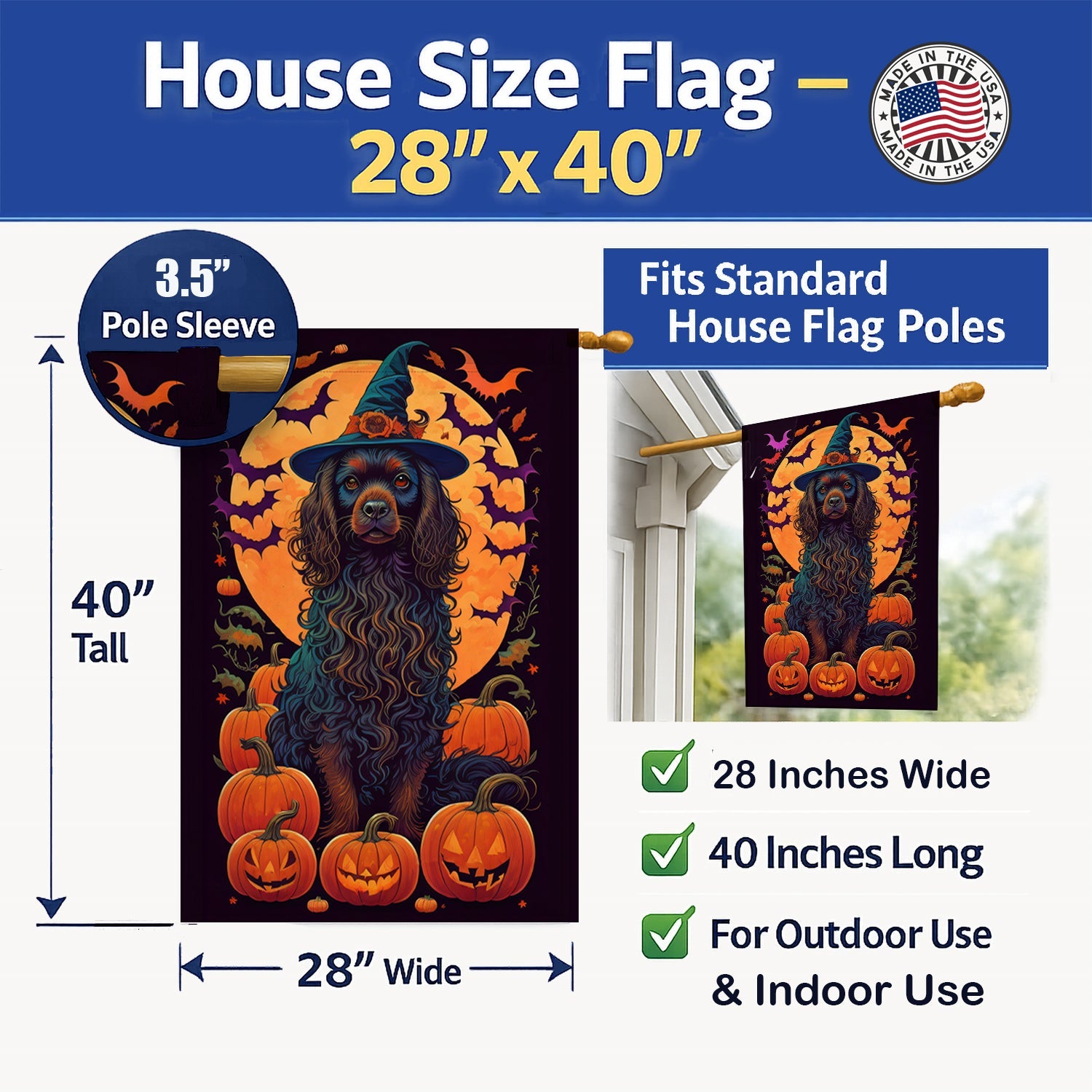 Boykin Spaniel Witchy Halloween House Flag 28x40 Porch Sleeve Pole Decorative Outside Yard Banner Artwork Wall Hanging, Polyester
