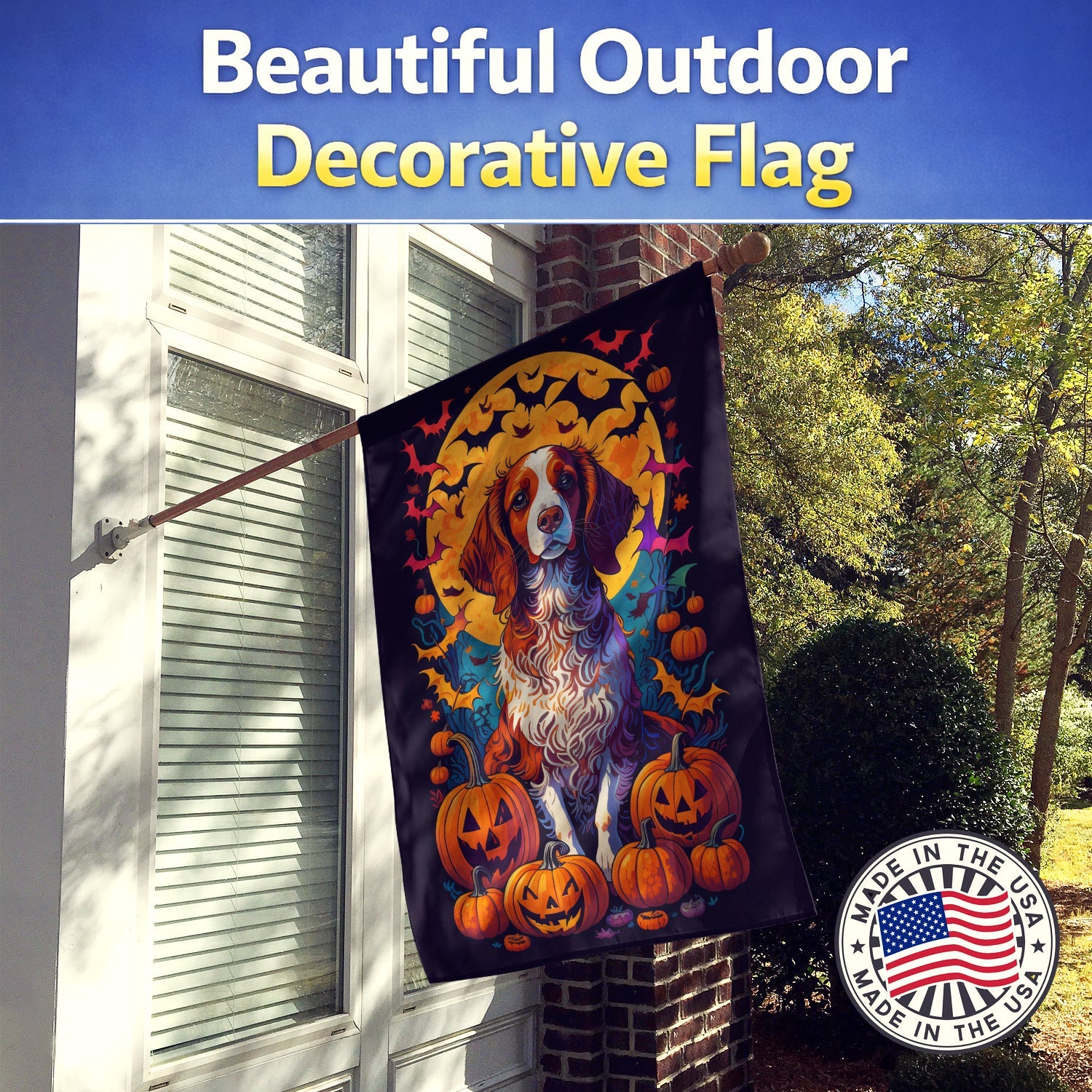 Brittany Spaniel Witchy Halloween House Flag 28x40 Porch Sleeve Pole Decorative Outside Yard Banner Artwork Wall Hanging, Polyester