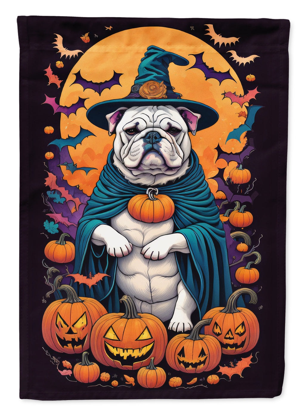 White English Bulldog Witchy Halloween House Flag 28x40 Porch Sleeve Pole Decorative Outside Yard Banner Artwork Wall Hanging, Polyester