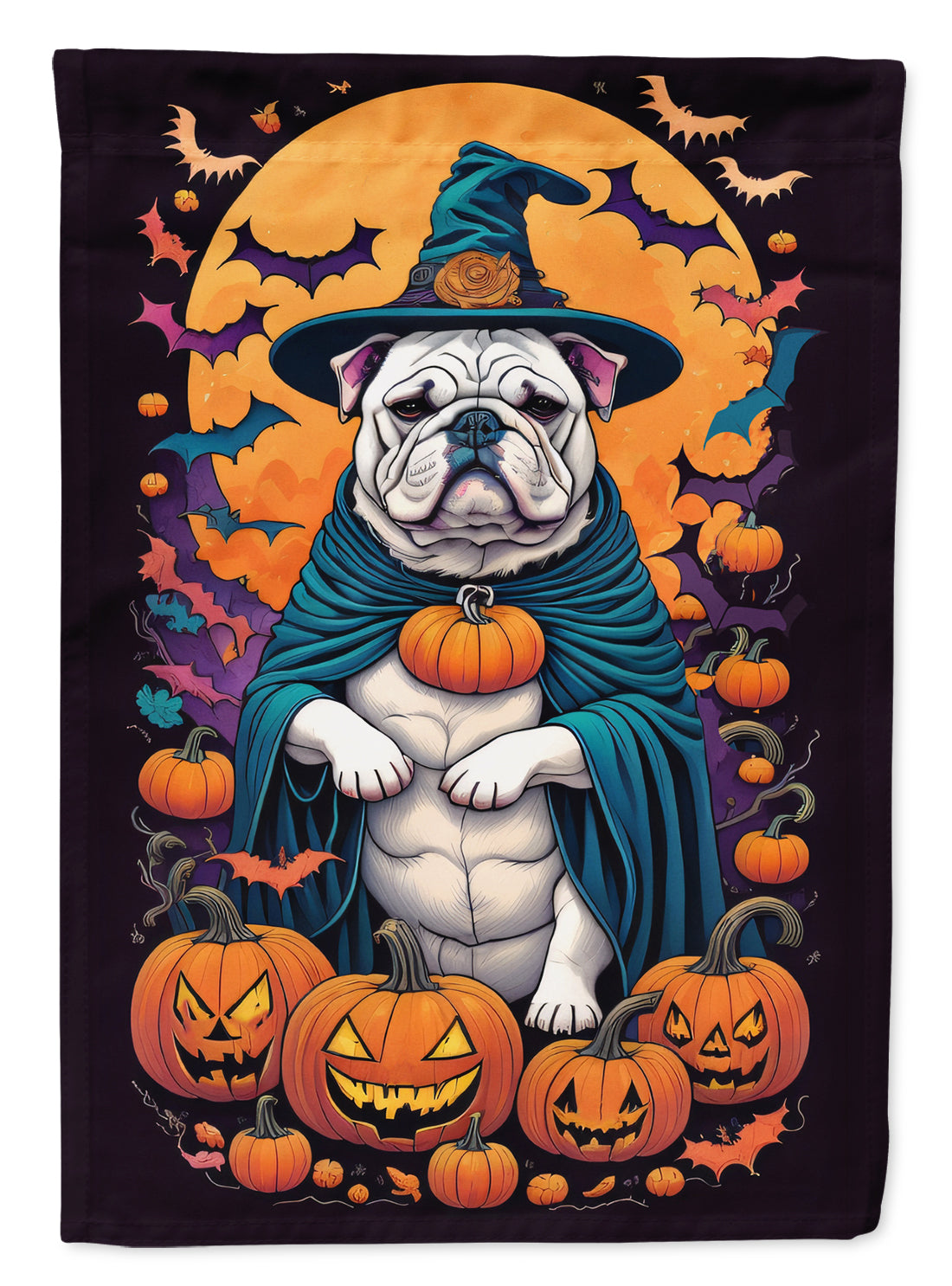 White English Bulldog Witchy Halloween House Flag 28x40 Porch Sleeve Pole Decorative Outside Yard Banner Artwork Wall Hanging, Polyester