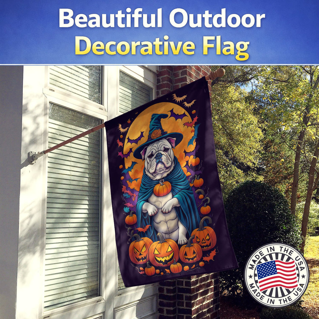 White English Bulldog Witchy Halloween House Flag 28x40 Porch Sleeve Pole Decorative Outside Yard Banner Artwork Wall Hanging, Polyester