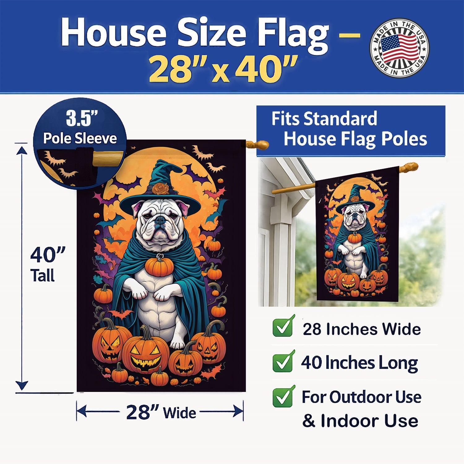 White English Bulldog Witchy Halloween House Flag 28x40 Porch Sleeve Pole Decorative Outside Yard Banner Artwork Wall Hanging, Polyester