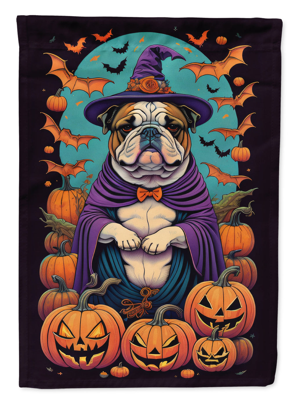 English Bulldog Witchy Halloween House Flag 28x40 Porch Sleeve Pole Decorative Outside Yard Banner Artwork Wall Hanging, Polyester