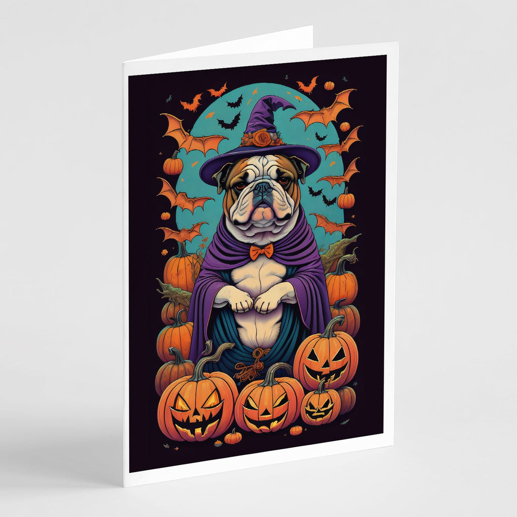 English Bulldog Witchy Halloween Greeting Cards Pack of 8 Blank Cards with Envelopes Whimsical A7 Size 5x7