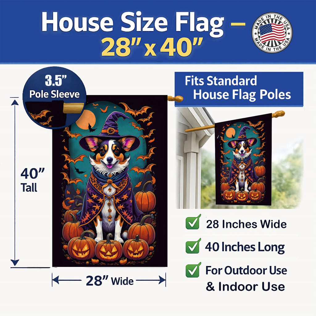 Corgi Witchy Halloween House Flag 28x40 Porch Sleeve Pole Decorative Outside Yard Banner Artwork Wall Hanging, Polyester