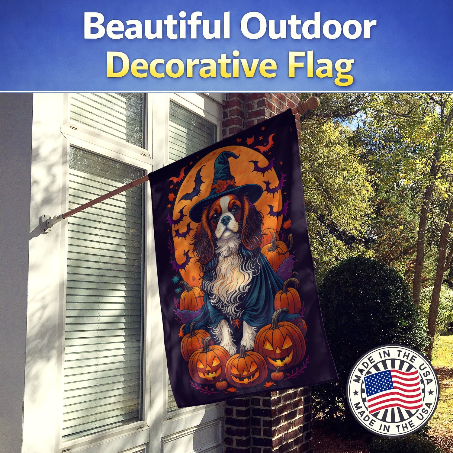 Cavalier Spaniel Witchy Halloween House Flag 28x40 Porch Sleeve Pole Decorative Outside Yard Banner Artwork Wall Hanging, Polyester