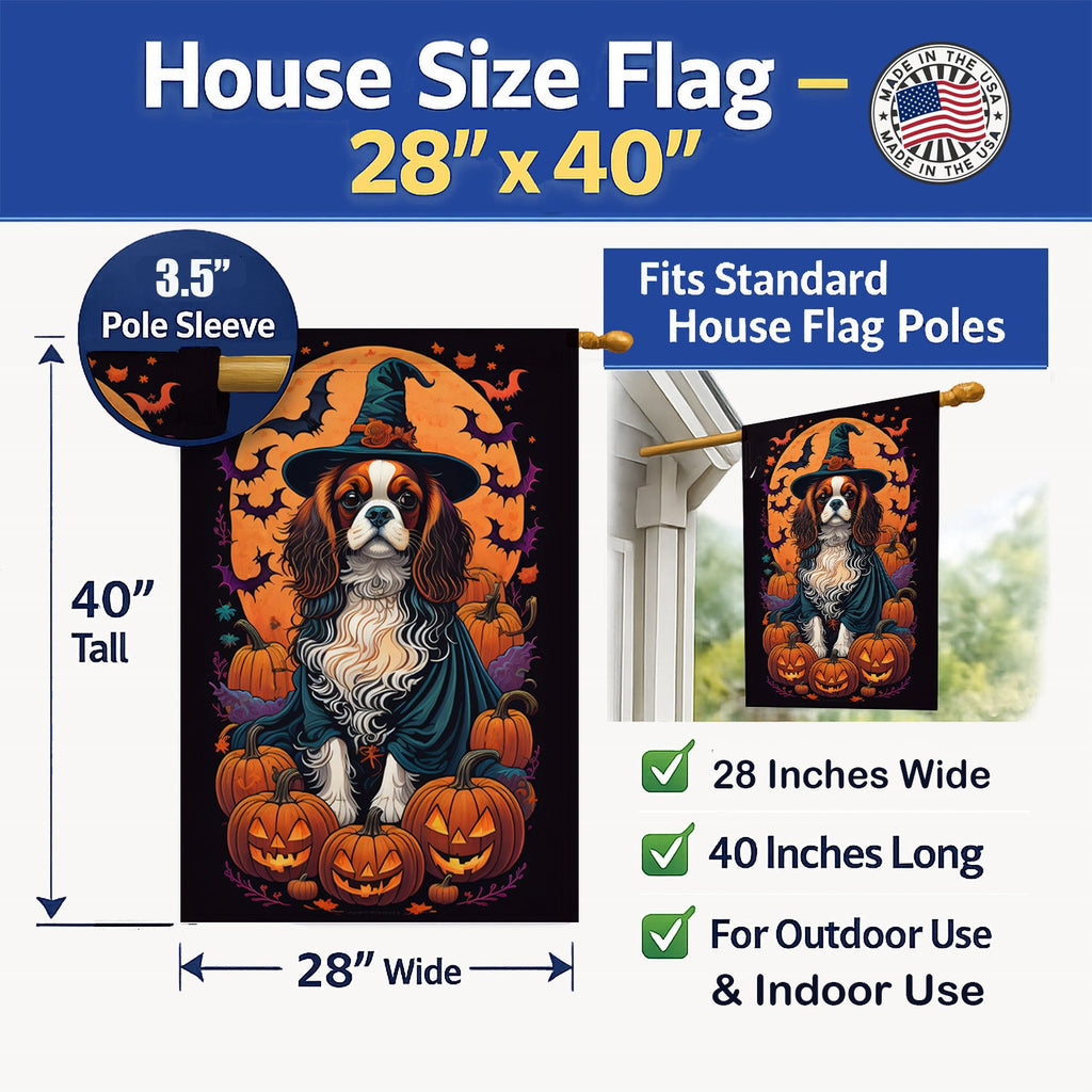 Cavalier Spaniel Witchy Halloween House Flag 28x40 Porch Sleeve Pole Decorative Outside Yard Banner Artwork Wall Hanging, Polyester
