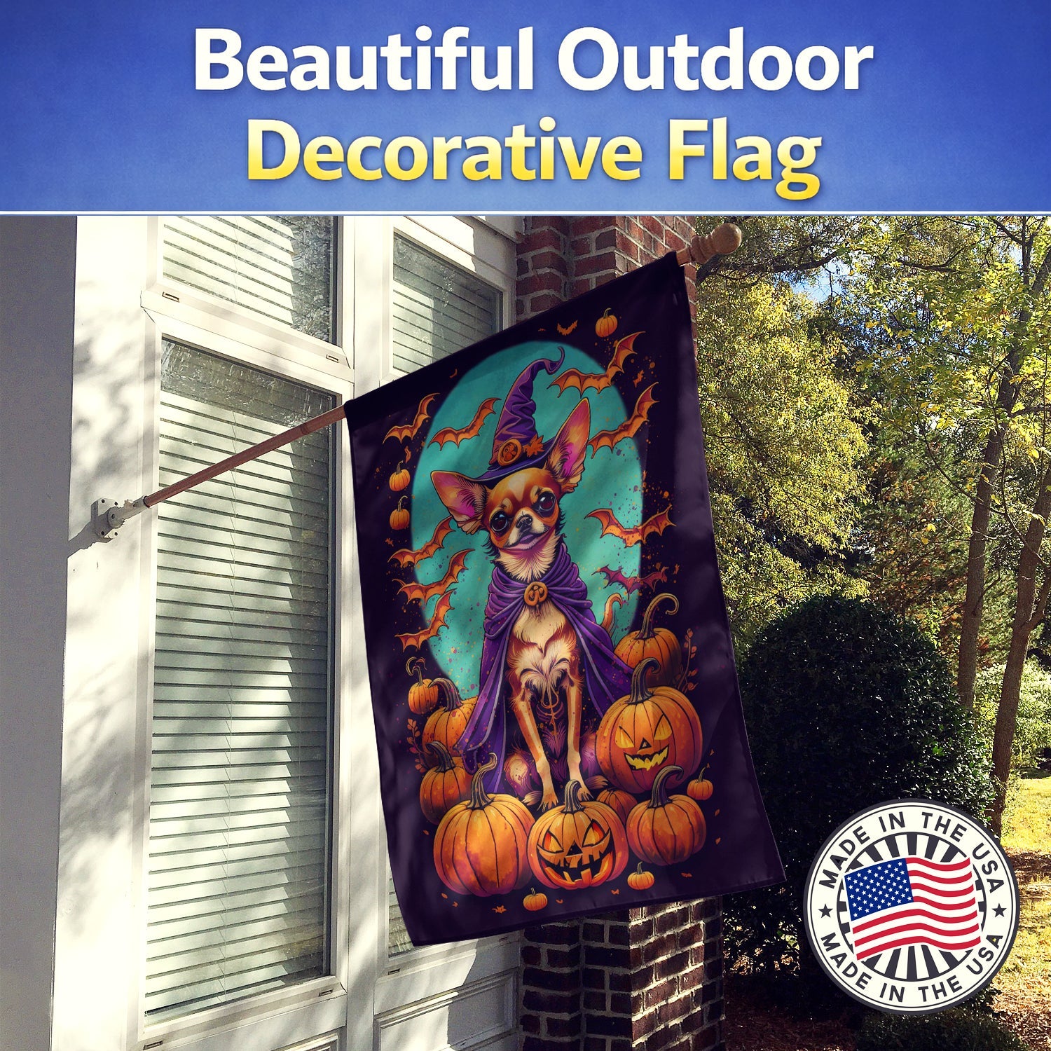 Chihuahua Witchy Halloween House Flag 28x40 Porch Sleeve Pole Decorative Outside Yard Banner Artwork Wall Hanging, Polyester