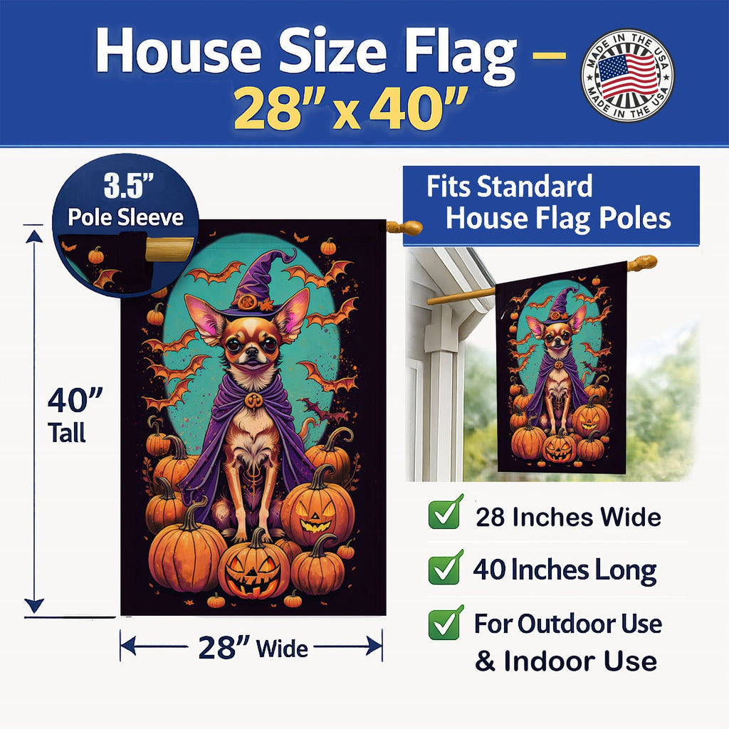 Chihuahua Witchy Halloween House Flag 28x40 Porch Sleeve Pole Decorative Outside Yard Banner Artwork Wall Hanging, Polyester
