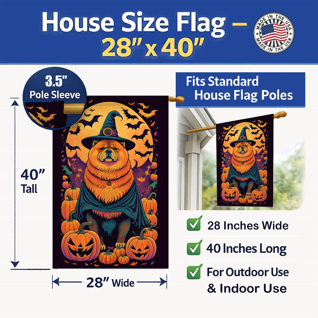 Chow Chow Witchy Halloween House Flag 28x40 Porch Sleeve Pole Decorative Outside Yard Banner Artwork Wall Hanging, Polyester