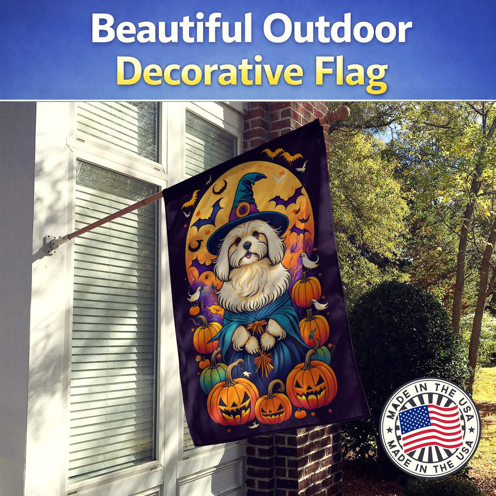Coton De Tulear Witchy Halloween House Flag 28x40 Porch Sleeve Pole Decorative Outside Yard Banner Artwork Wall Hanging, Polyester