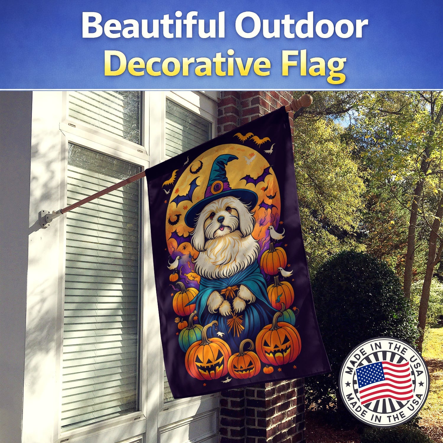 Coton De Tulear Witchy Halloween House Flag 28x40 Porch Sleeve Pole Decorative Outside Yard Banner Artwork Wall Hanging, Polyester
