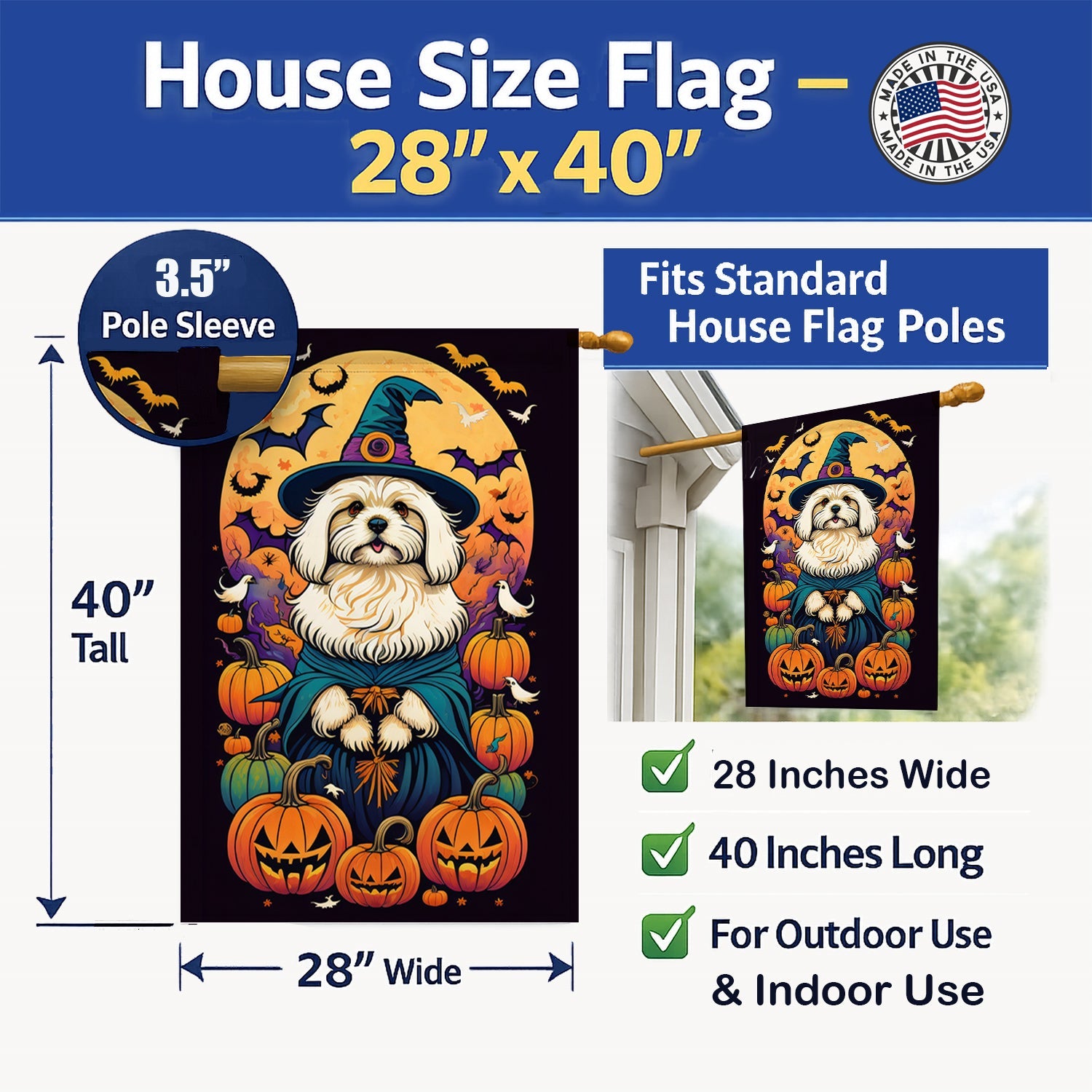 Coton De Tulear Witchy Halloween House Flag 28x40 Porch Sleeve Pole Decorative Outside Yard Banner Artwork Wall Hanging, Polyester