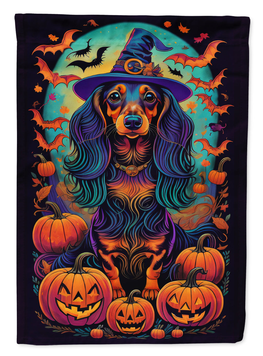Longhair Black and Tan Dachshund Witchy Halloween House Flag 28x40 Porch Sleeve Pole Decorative Outside Yard Banner Artwork Wall Hanging, Polyester