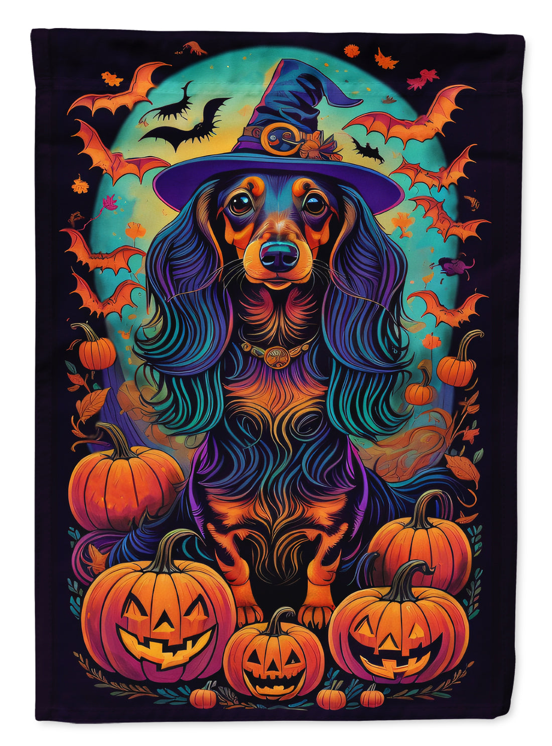 Longhair Black and Tan Dachshund Witchy Halloween House Flag 28x40 Porch Sleeve Pole Decorative Outside Yard Banner Artwork Wall Hanging, Polyester