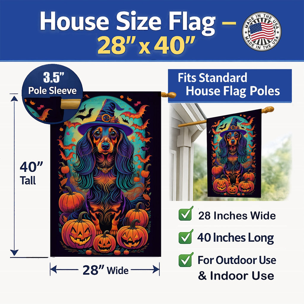Longhair Black and Tan Dachshund Witchy Halloween House Flag 28x40 Porch Sleeve Pole Decorative Outside Yard Banner Artwork Wall Hanging, Polyester