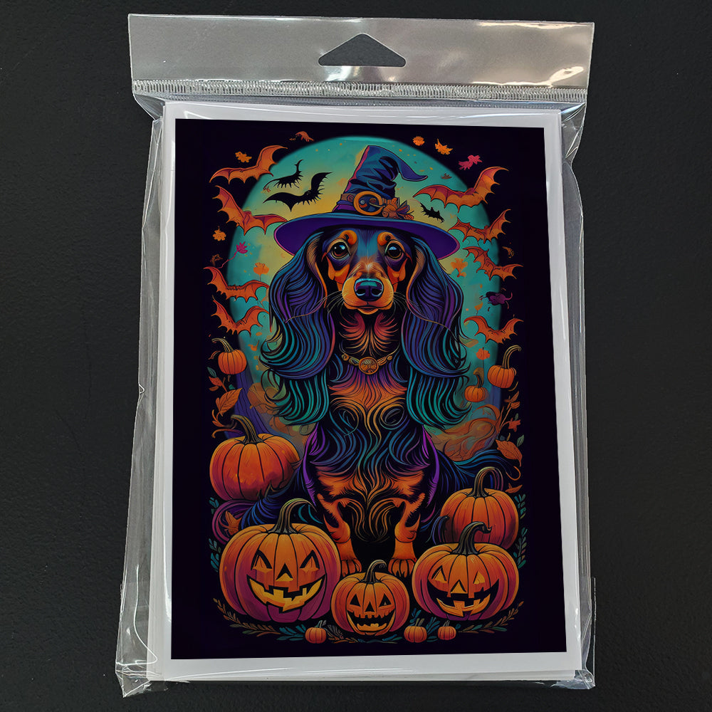 Longhair Black and Tan Dachshund Witchy Halloween Greeting Cards Pack of 8 Blank Cards with Envelopes Whimsical A7 Size 5x7