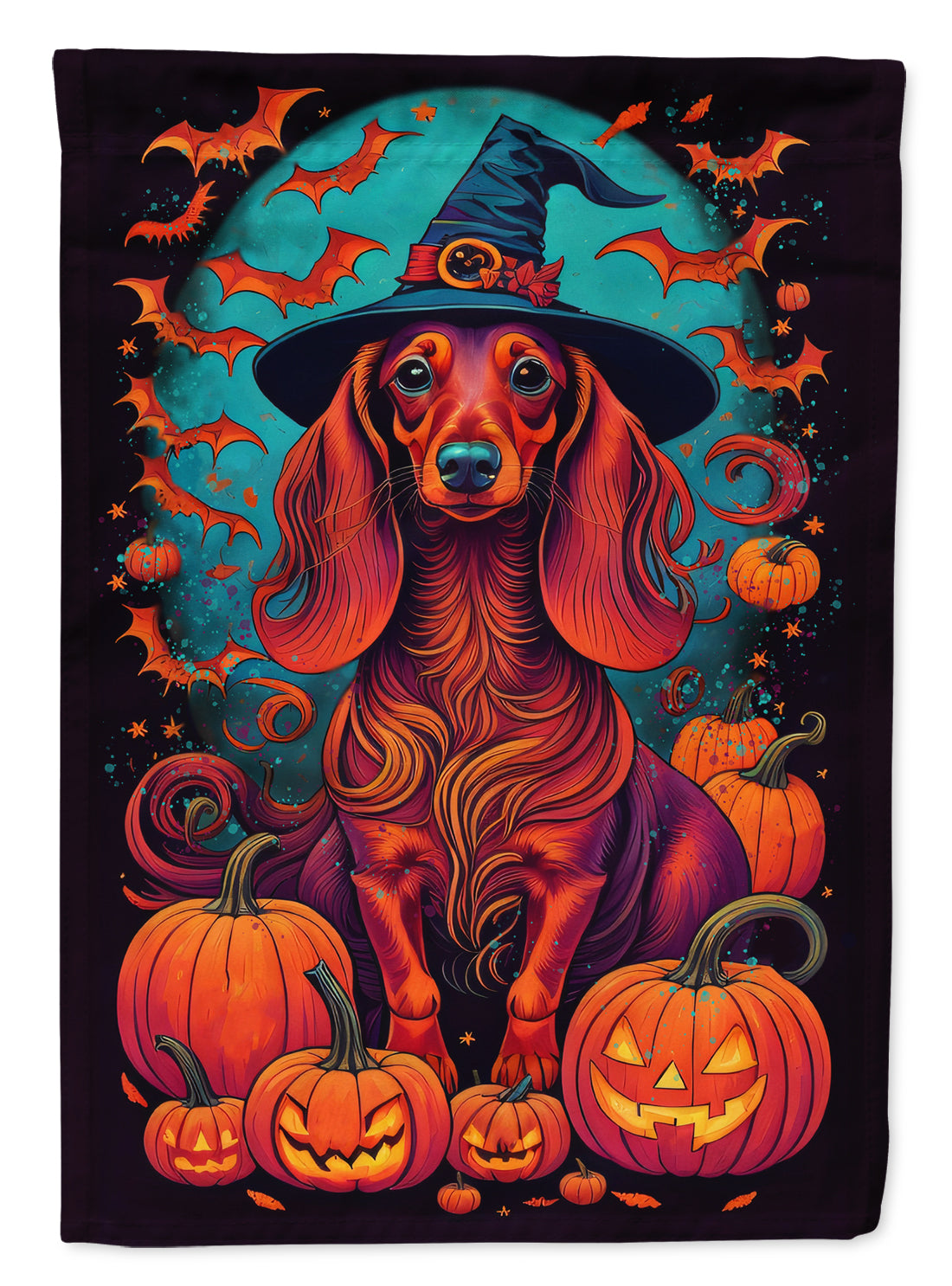 Longhair Dachshund Witchy Halloween House Flag 28x40 Porch Sleeve Pole Decorative Outside Yard Banner Artwork Wall Hanging, Polyester