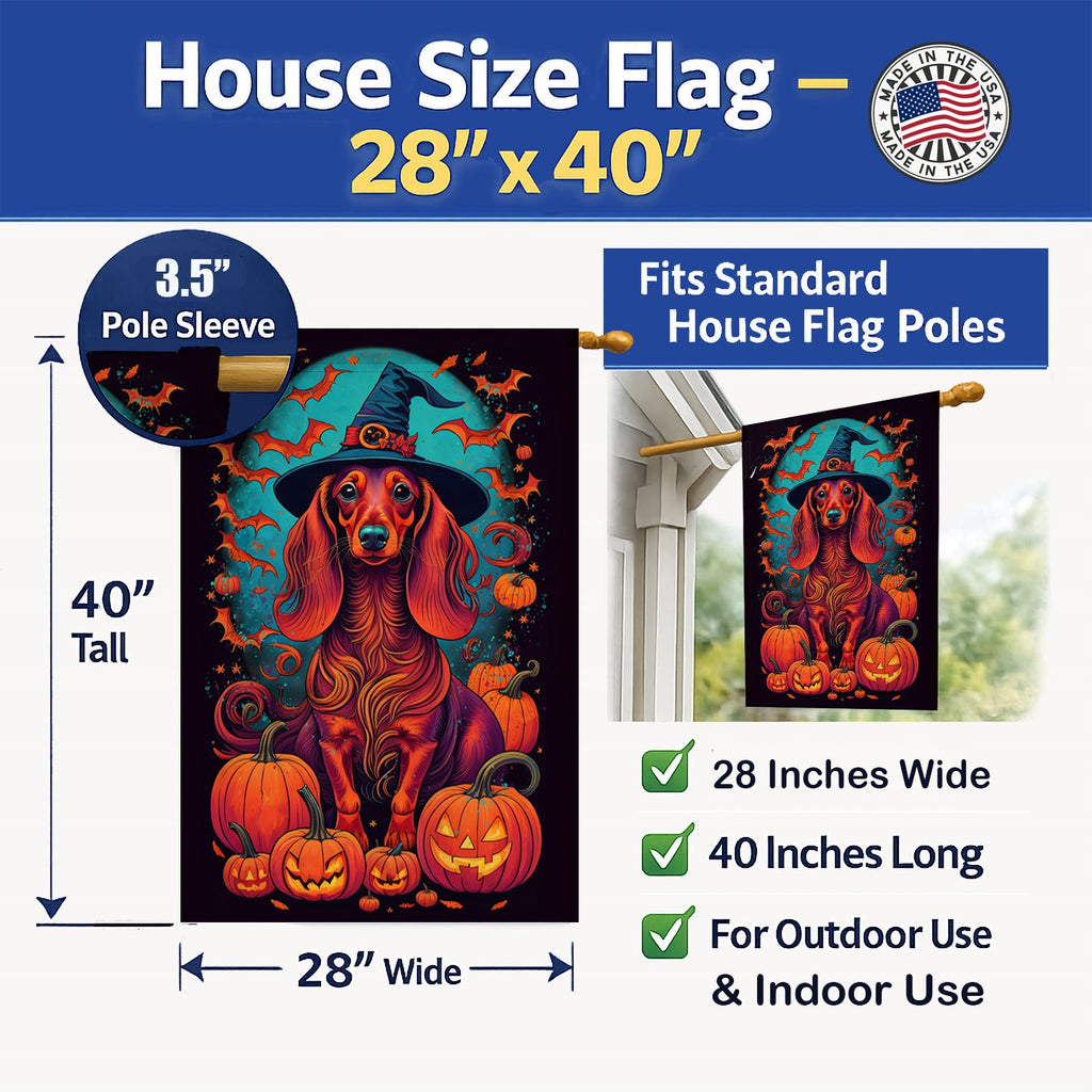 Longhair Dachshund Witchy Halloween House Flag 28x40 Porch Sleeve Pole Decorative Outside Yard Banner Artwork Wall Hanging, Polyester