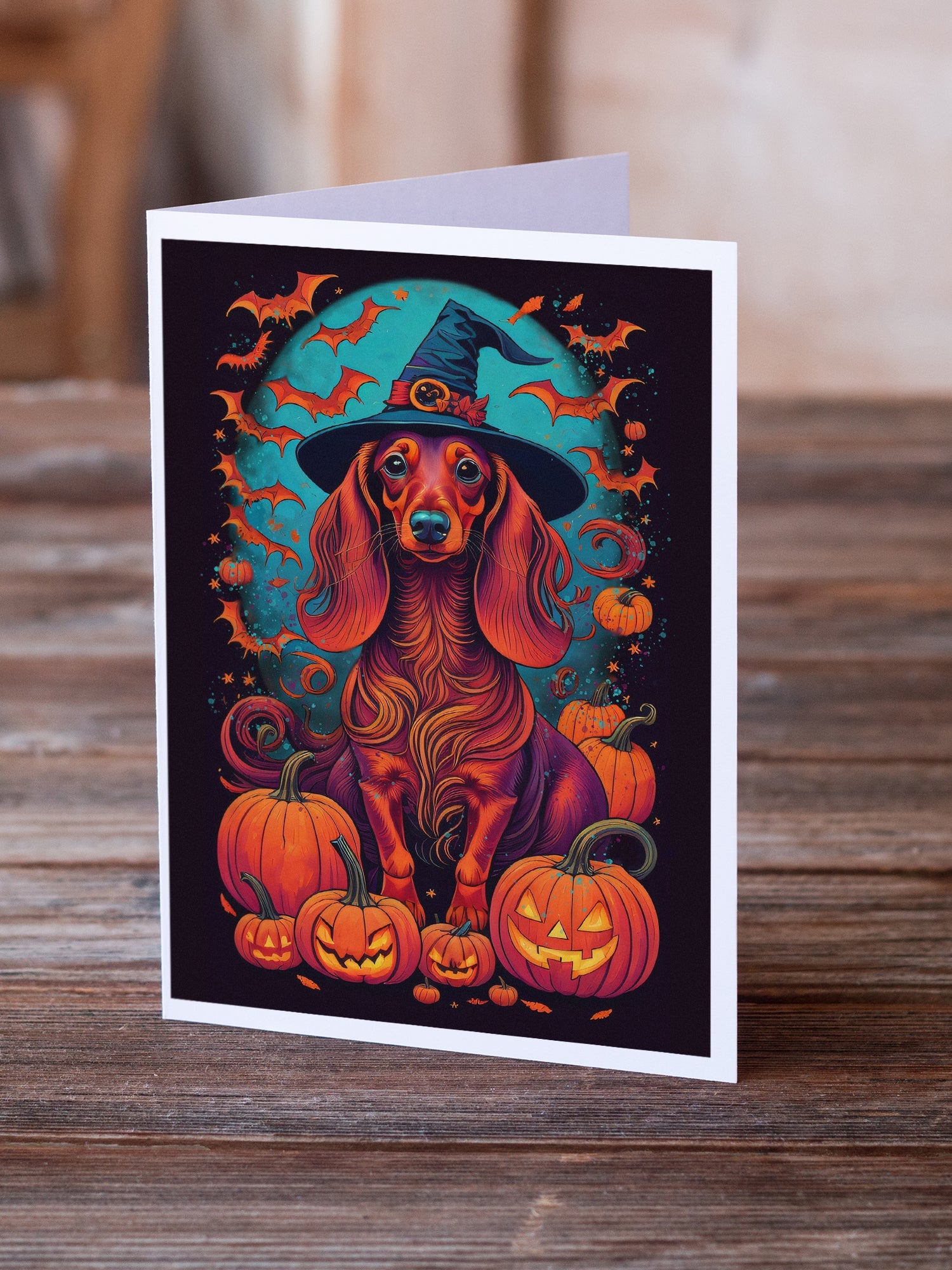 Longhair Dachshund Witchy Halloween Greeting Cards Pack of 8 Blank Cards with Envelopes Whimsical A7 Size 5x7