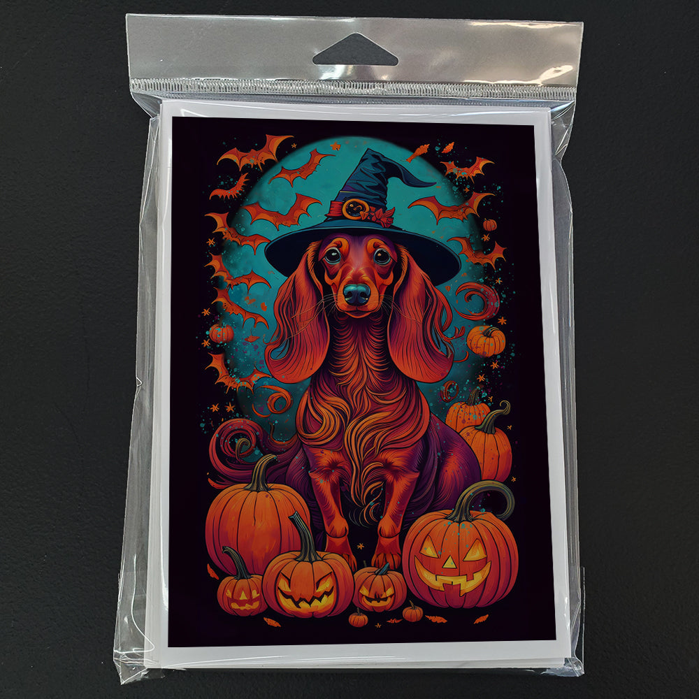 Longhair Dachshund Witchy Halloween Greeting Cards Pack of 8 Blank Cards with Envelopes Whimsical A7 Size 5x7