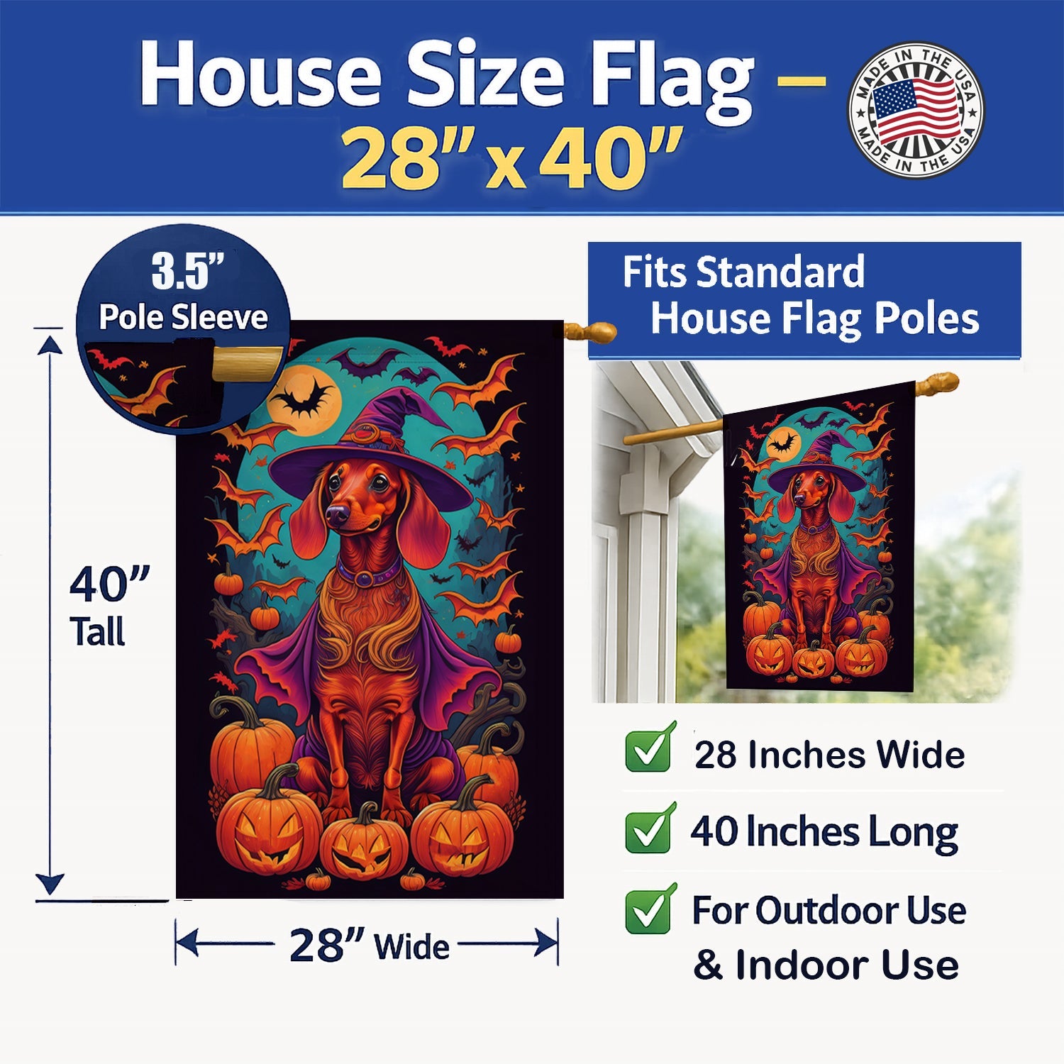 Dachshund Witchy Halloween House Flag 28x40 Porch Sleeve Pole Decorative Outside Yard Banner Artwork Wall Hanging, Polyester