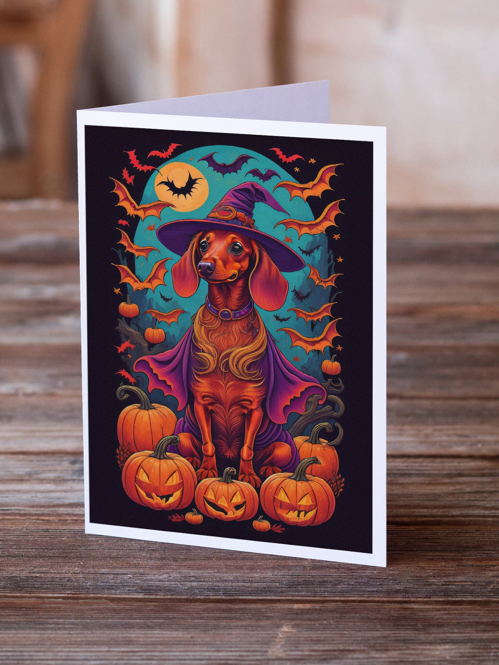 Dachshund Witchy Halloween Greeting Cards Pack of 8 Blank Cards with Envelopes Whimsical A7 Size 5x7